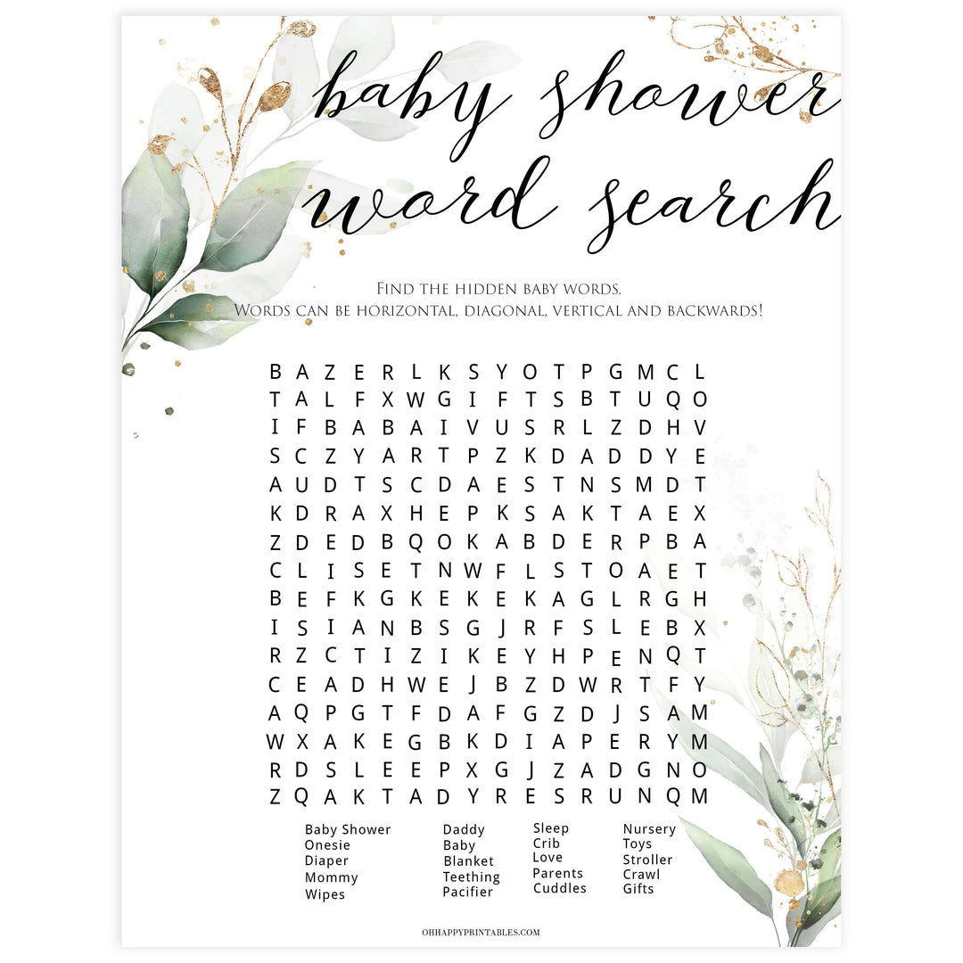  Gold green leaf baby games, baby shower word search, printable baby games, fun baby games, top baby games to play, gold leaf baby shower, greenery baby shower ideas