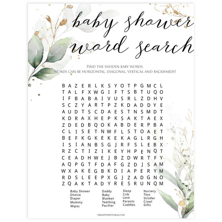  Gold green leaf baby games, baby shower word search, printable baby games, fun baby games, top baby games to play, gold leaf baby shower, greenery baby shower ideas