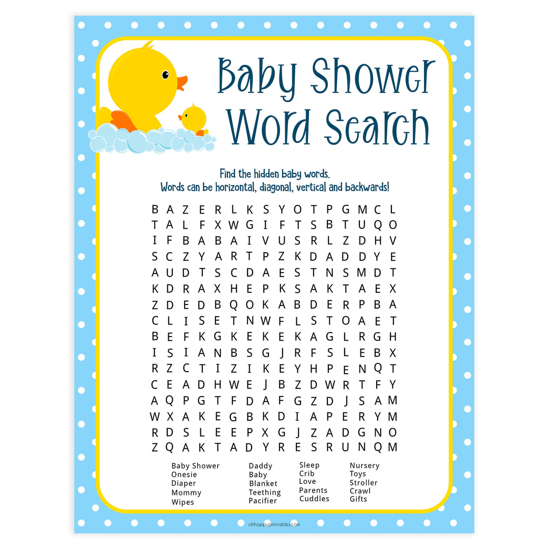 rubber ducky baby shower games, printable baby shower games, baby shower word search, baby word search game, fun baby games, top baby games