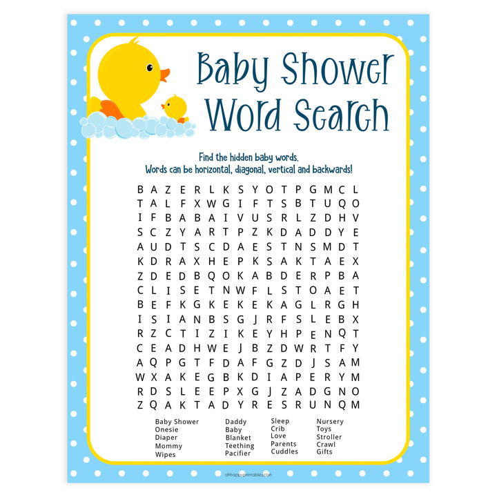 rubber ducky baby shower games, printable baby shower games, baby shower word search, baby word search game, fun baby games, top baby games