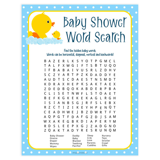 rubber ducky baby shower games, printable baby shower games, baby shower word search, baby word search game, fun baby games, top baby games