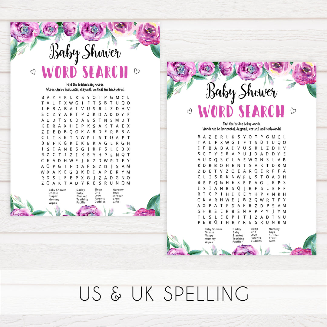 baby shower word search, printable baby shower games, purple peonies baby games, baby word search game, fun baby shower ideas