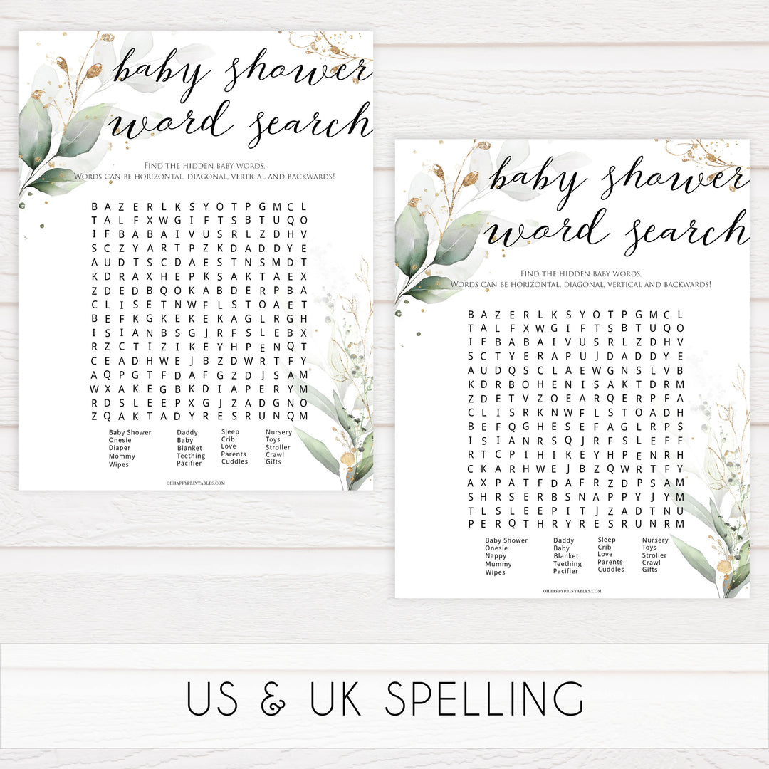  Gold green leaf baby games, baby shower word search, printable baby games, fun baby games, top baby games to play, gold leaf baby shower, greenery baby shower ideas