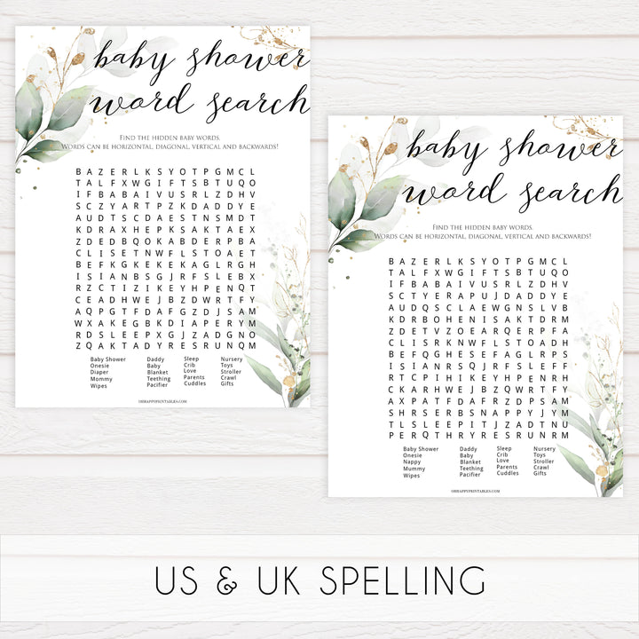  Gold green leaf baby games, baby shower word search, printable baby games, fun baby games, top baby games to play, gold leaf baby shower, greenery baby shower ideas