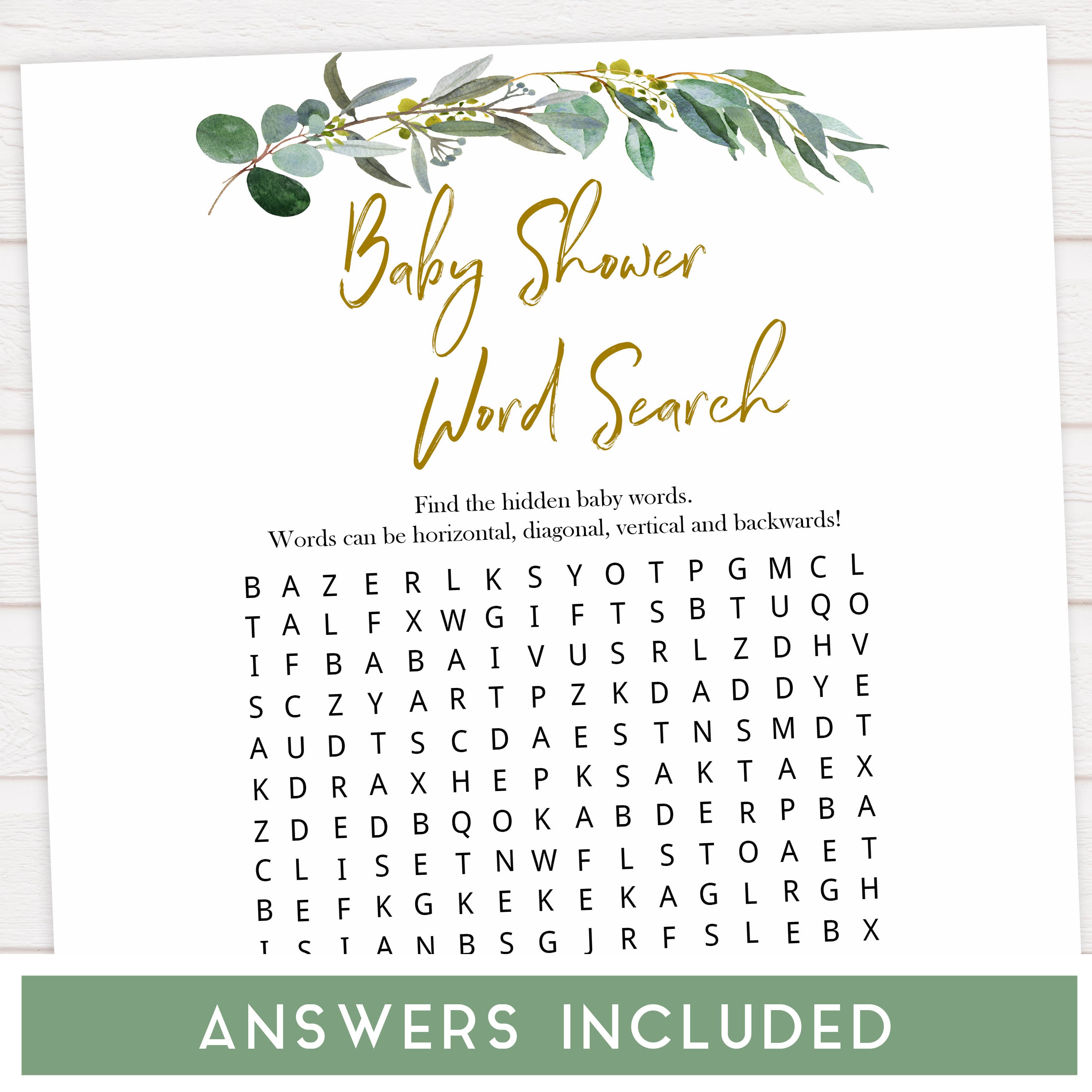 Eucalyptus baby games, baby shower word search, baby word search game, printable baby shower games, fun baby games, top baby games, best baby games, baby shower games