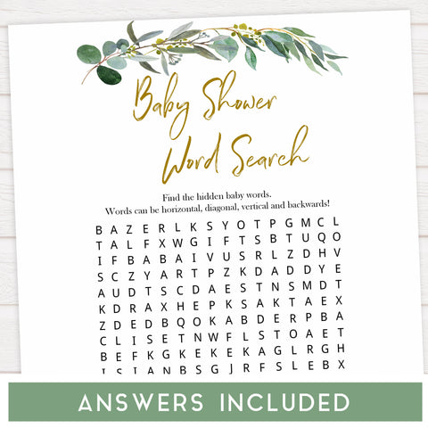 Eucalyptus baby games, baby shower word search, baby word search game, printable baby shower games, fun baby games, top baby games, best baby games, baby shower games