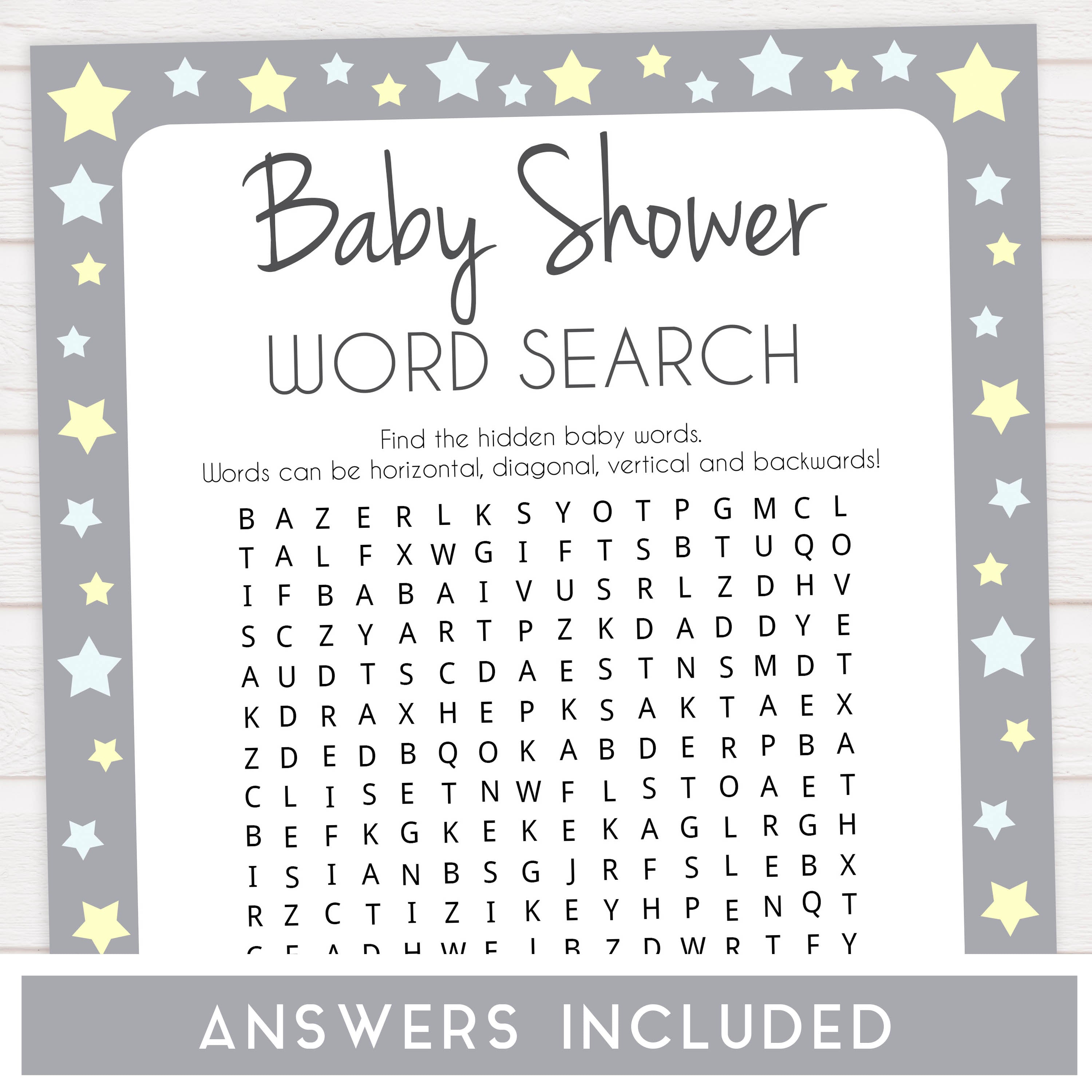 grey & yellow stars, baby shower word search, printable baby shower games, fun baby games, top baby shower games, star baby games, little star baby shower