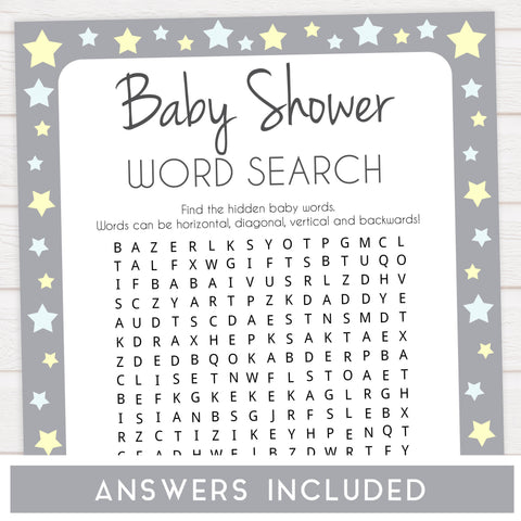 grey & yellow stars, baby shower word search, printable baby shower games, fun baby games, top baby shower games, star baby games, little star baby shower