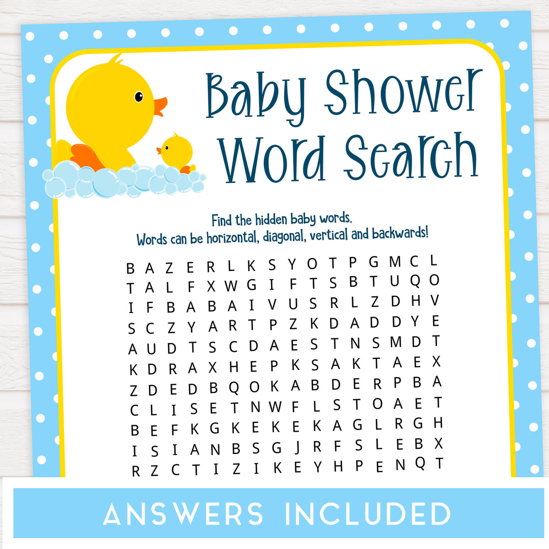 rubber ducky baby shower games, printable baby shower games, baby shower word search, baby word search game, fun baby games, top baby games