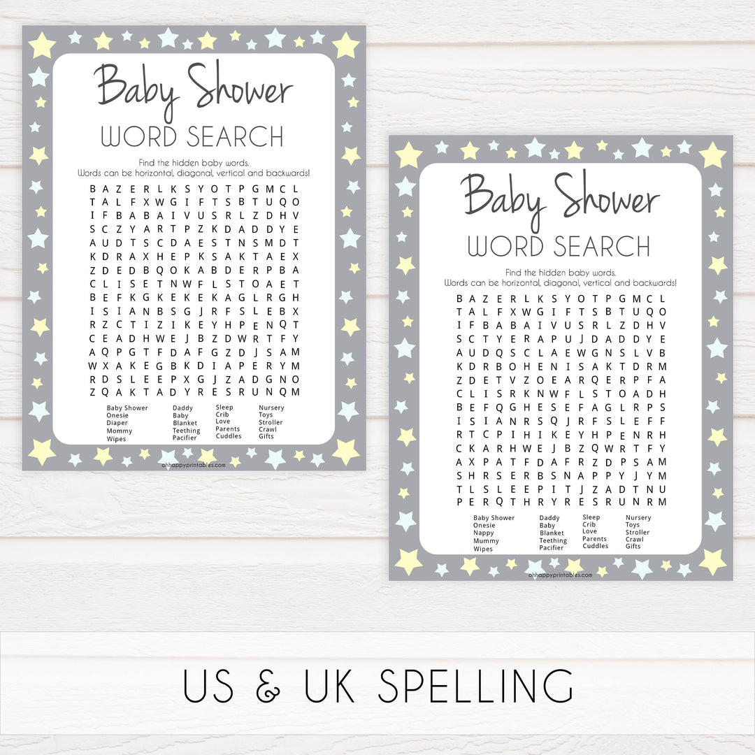 grey & yellow stars, baby shower word search, printable baby shower games, fun baby games, top baby shower games, star baby games, little star baby shower