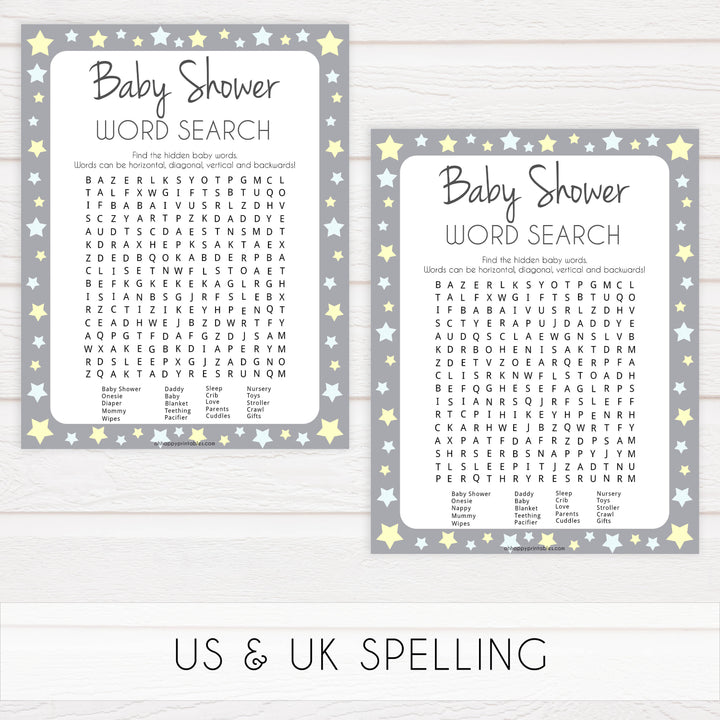 grey & yellow stars, baby shower word search, printable baby shower games, fun baby games, top baby shower games, star baby games, little star baby shower