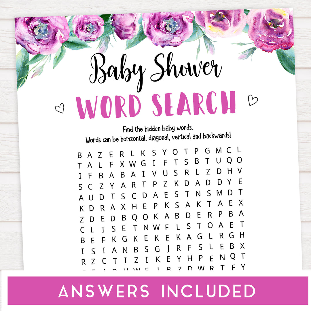 baby shower word search, printable baby shower games, purple peonies baby games, baby word search game, fun baby shower ideas