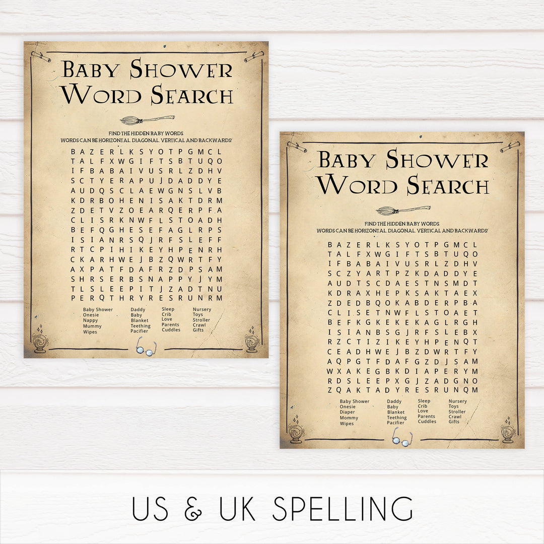 Baby Shower Word Search Game, Wizard baby shower games, printable baby shower games, Harry Potter baby games, Harry Potter baby shower, fun baby shower games,  fun baby ideas