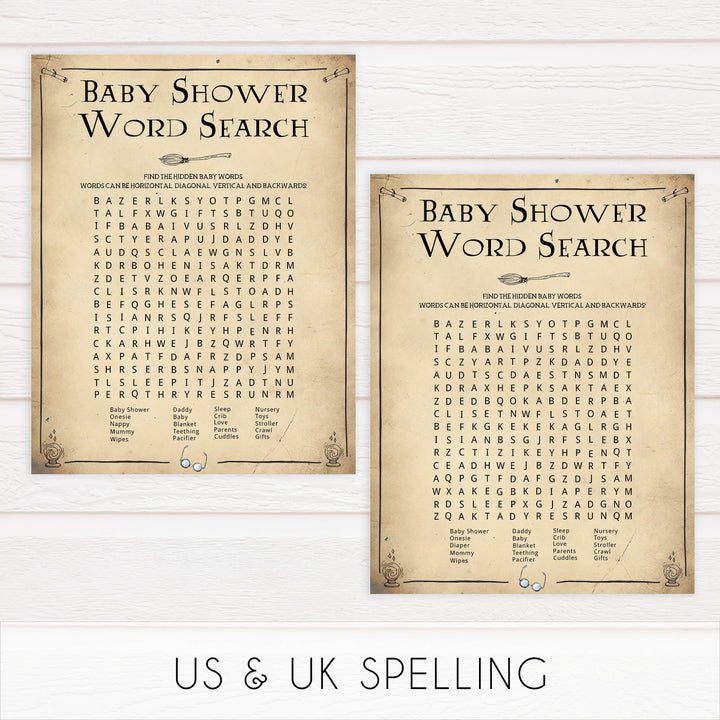 Baby Shower Word Search Game, Wizard baby shower games, printable baby shower games, Harry Potter baby games, Harry Potter baby shower, fun baby shower games,  fun baby ideas