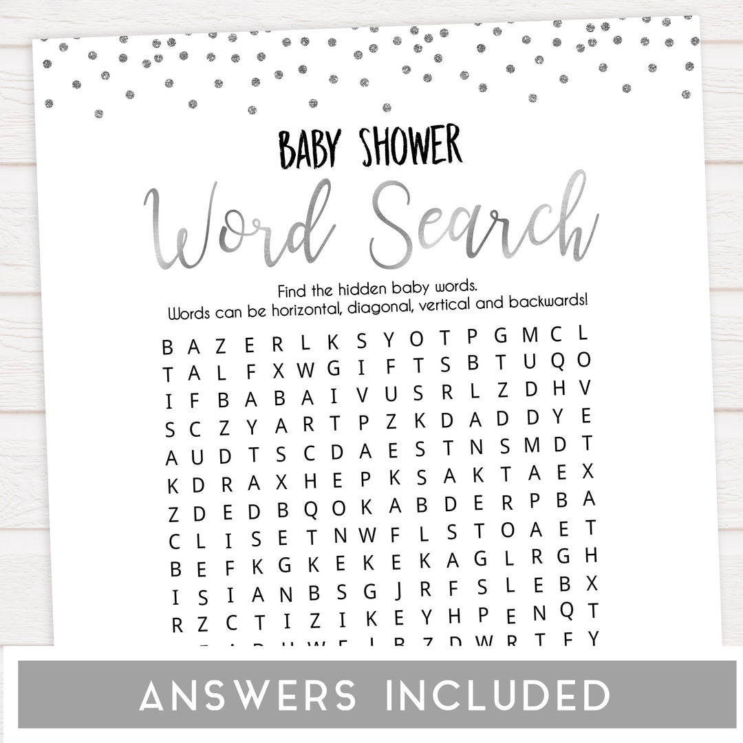 baby word search, baby shower word search game, Printable baby shower games, baby silver glitter fun baby games, baby shower games, fun baby shower ideas, top baby shower ideas, silver glitter shower baby shower, friends baby shower ideas
