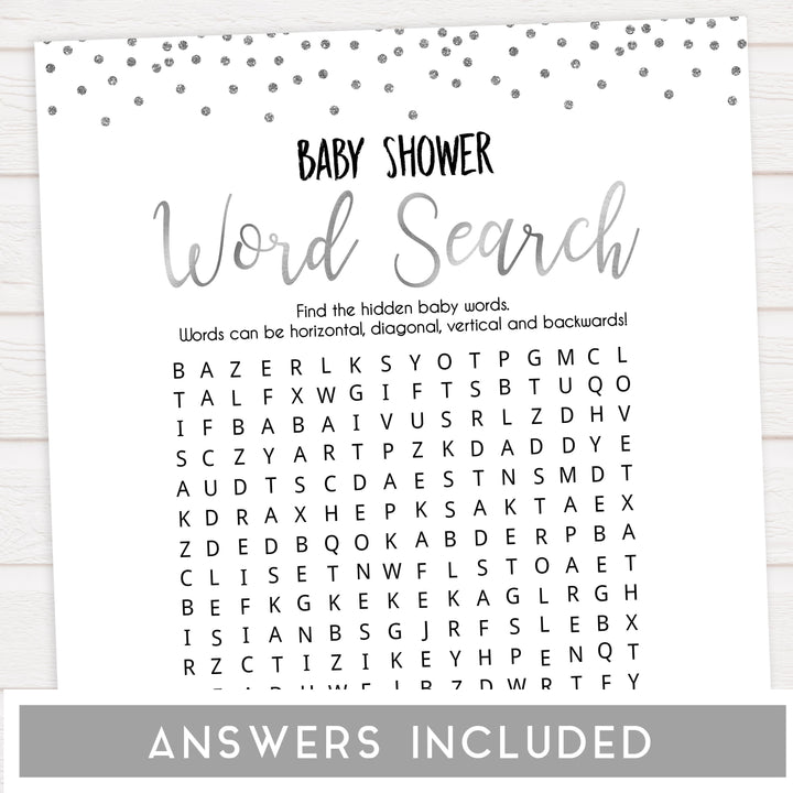 baby word search, baby shower word search game, Printable baby shower games, baby silver glitter fun baby games, baby shower games, fun baby shower ideas, top baby shower ideas, silver glitter shower baby shower, friends baby shower ideas