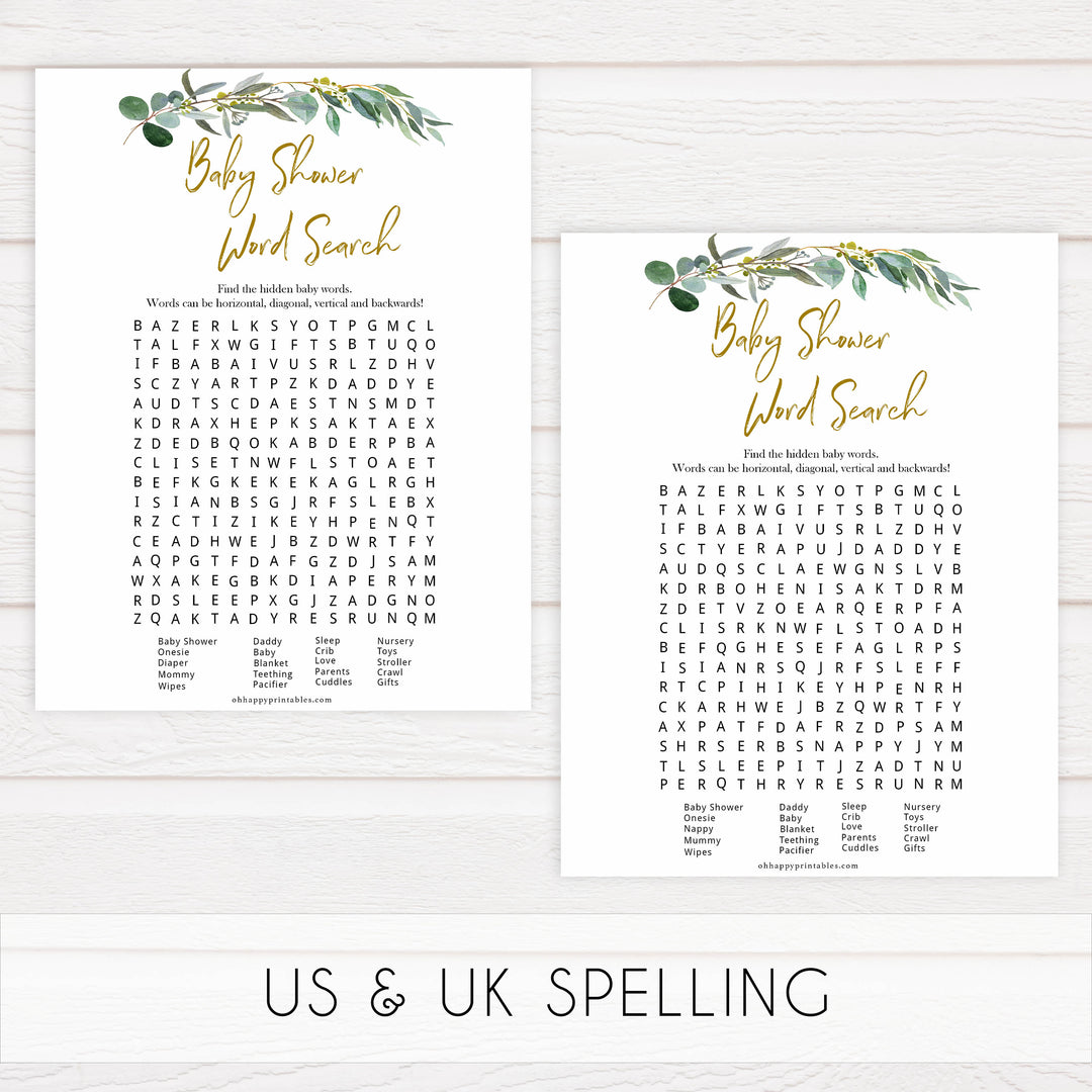 Eucalyptus baby games, baby shower word search, baby word search game, printable baby shower games, fun baby games, top baby games, best baby games, baby shower games