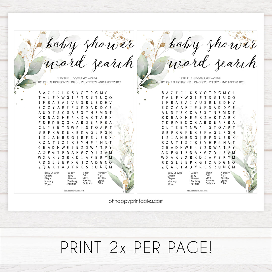  Gold green leaf baby games, baby shower word search, printable baby games, fun baby games, top baby games to play, gold leaf baby shower, greenery baby shower ideas