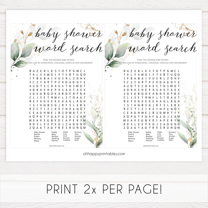  Gold green leaf baby games, baby shower word search, printable baby games, fun baby games, top baby games to play, gold leaf baby shower, greenery baby shower ideas