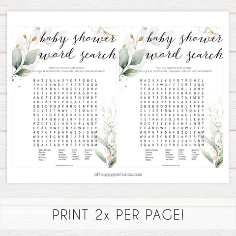  Gold green leaf baby games, baby shower word search, printable baby games, fun baby games, top baby games to play, gold leaf baby shower, greenery baby shower ideas
