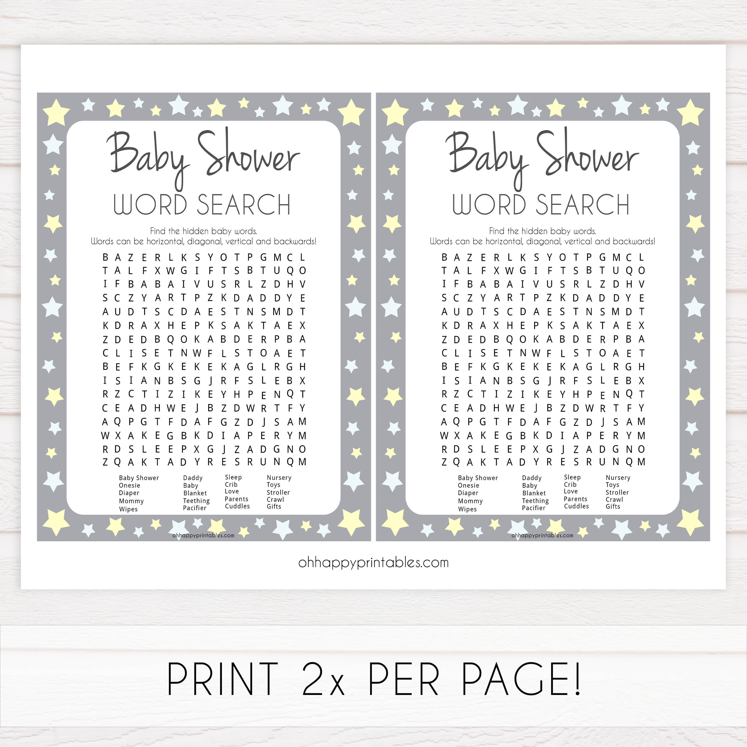 grey & yellow stars, baby shower word search, printable baby shower games, fun baby games, top baby shower games, star baby games, little star baby shower
