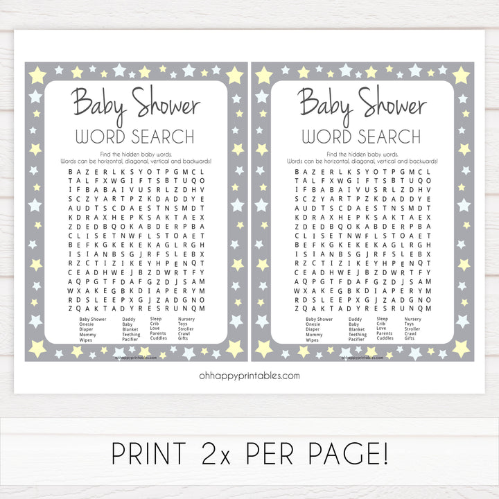 grey & yellow stars, baby shower word search, printable baby shower games, fun baby games, top baby shower games, star baby games, little star baby shower