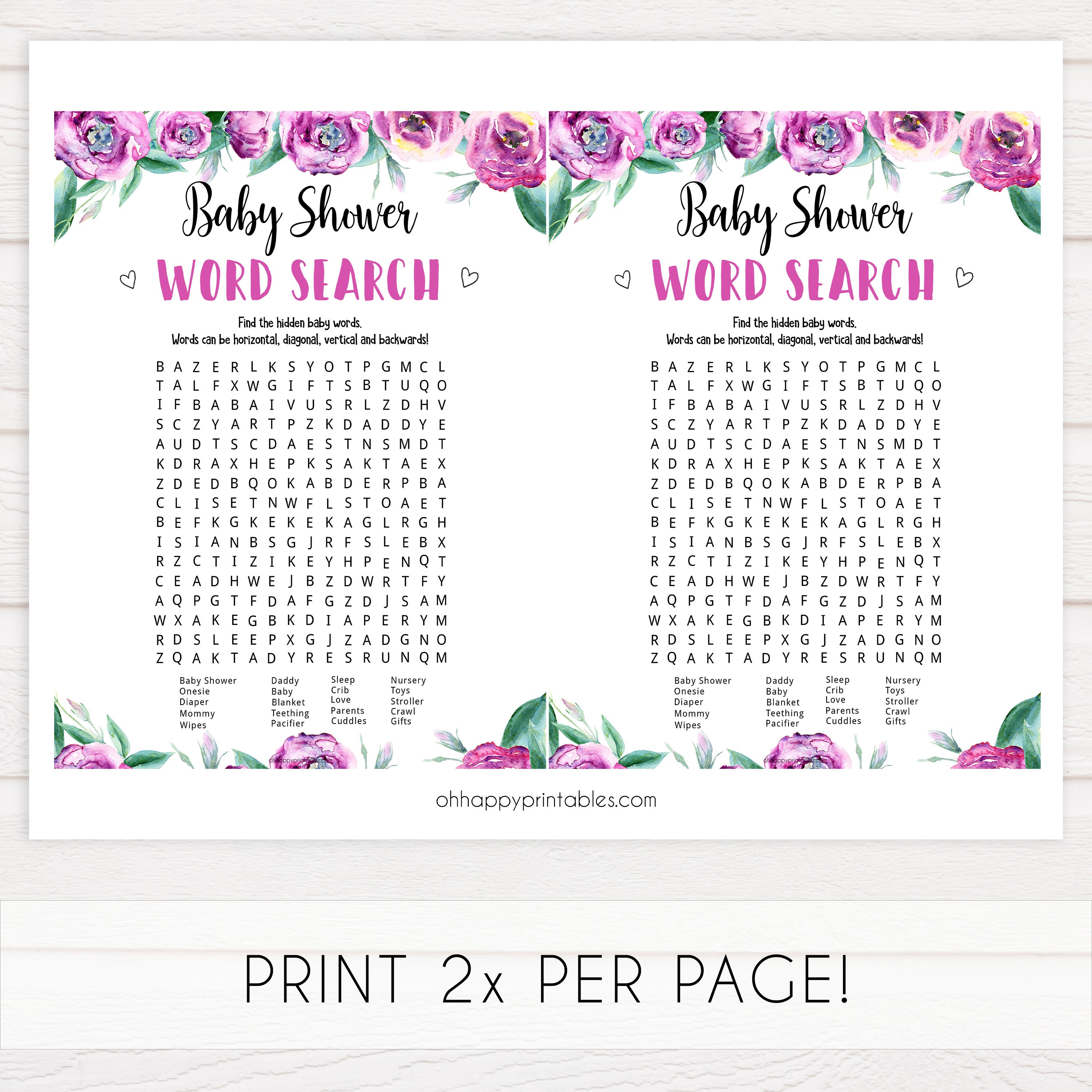 baby shower word search, printable baby shower games, purple peonies baby games, baby word search game, fun baby shower ideas