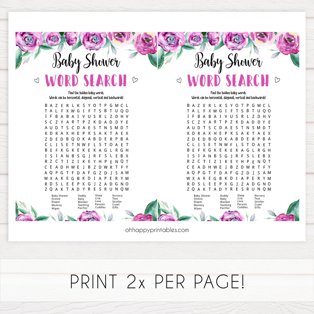 baby shower word search, printable baby shower games, purple peonies baby games, baby word search game, fun baby shower ideas