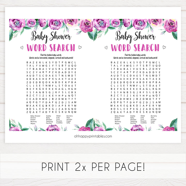 baby shower word search, printable baby shower games, purple peonies baby games, baby word search game, fun baby shower ideas