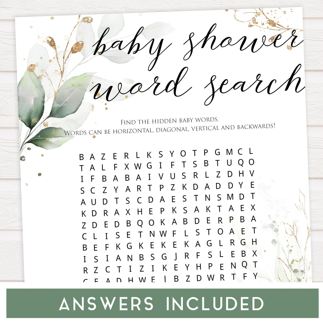  Gold green leaf baby games, baby shower word search, printable baby games, fun baby games, top baby games to play, gold leaf baby shower, greenery baby shower ideas