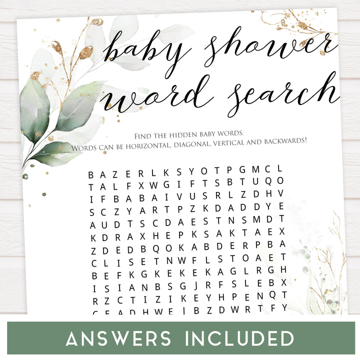  Gold green leaf baby games, baby shower word search, printable baby games, fun baby games, top baby games to play, gold leaf baby shower, greenery baby shower ideas