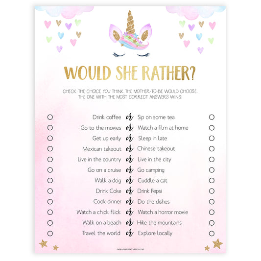 would she rather baby game, Printable baby shower games, unicorn baby games, baby shower games, fun baby shower ideas, top baby shower ideas, unicorn baby shower, baby shower games, fun unicorn baby shower ideas