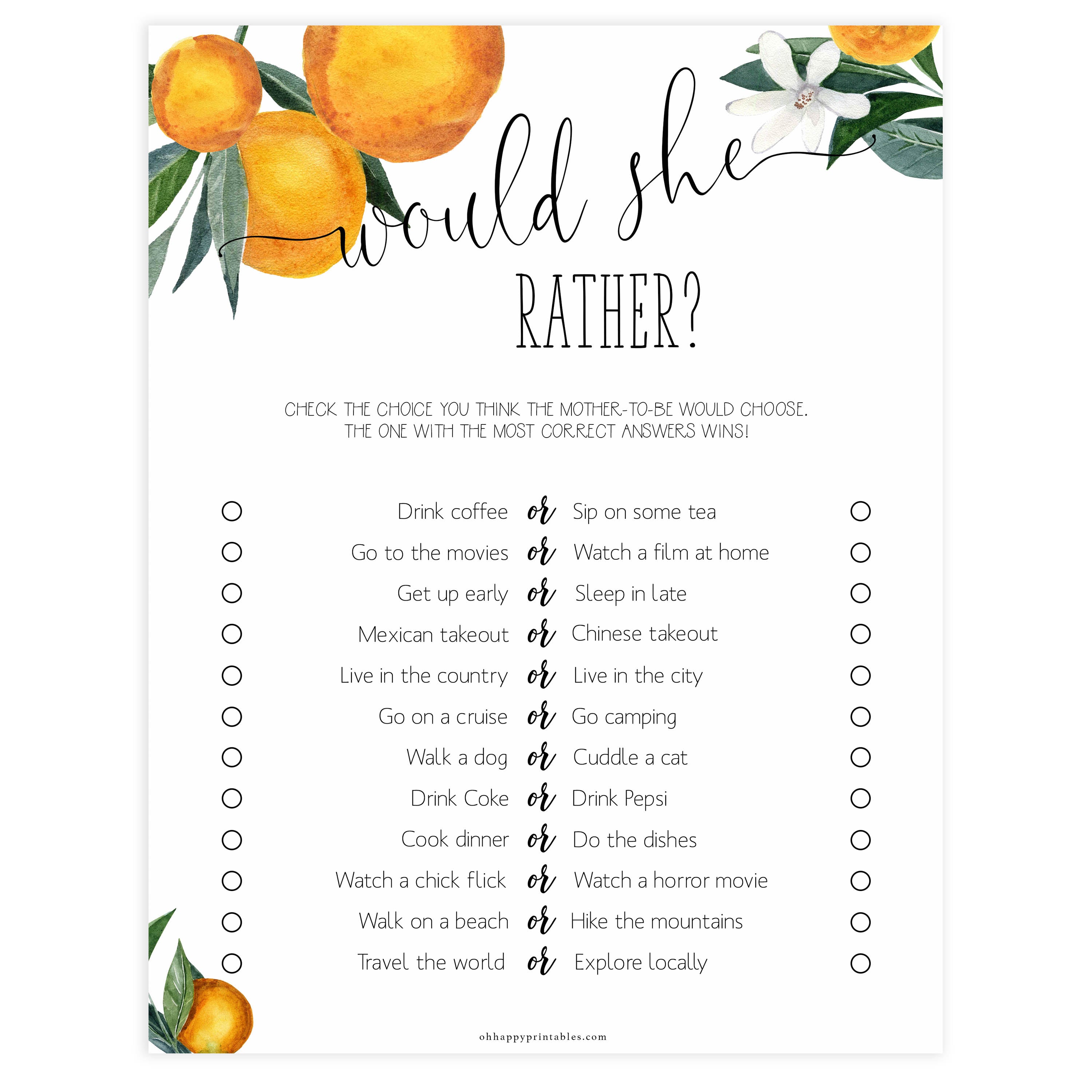 would she rather baby shower game, Printable baby shower games, little cutie baby games, baby shower games, fun baby shower ideas, top baby shower ideas, little cutie baby shower, baby shower games, fun little cutie baby shower ideas, citrus baby shower games, citrus baby shower, orange baby shower