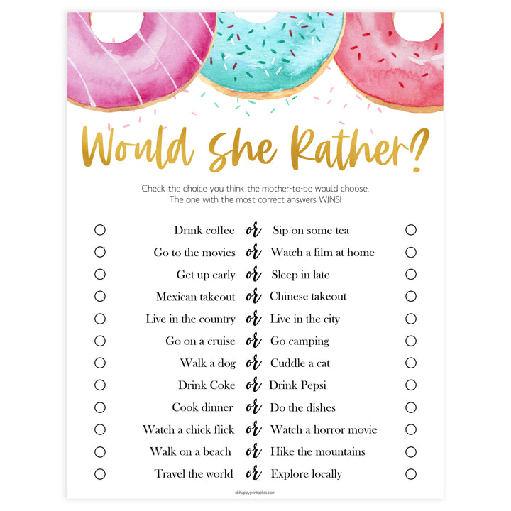 Editable baby games, would she rather baby game, Printable baby shower games, donut baby games, baby shower games, fun baby shower ideas, top baby shower ideas, donut sprinkles baby shower, baby shower games, fun donut baby shower ideas