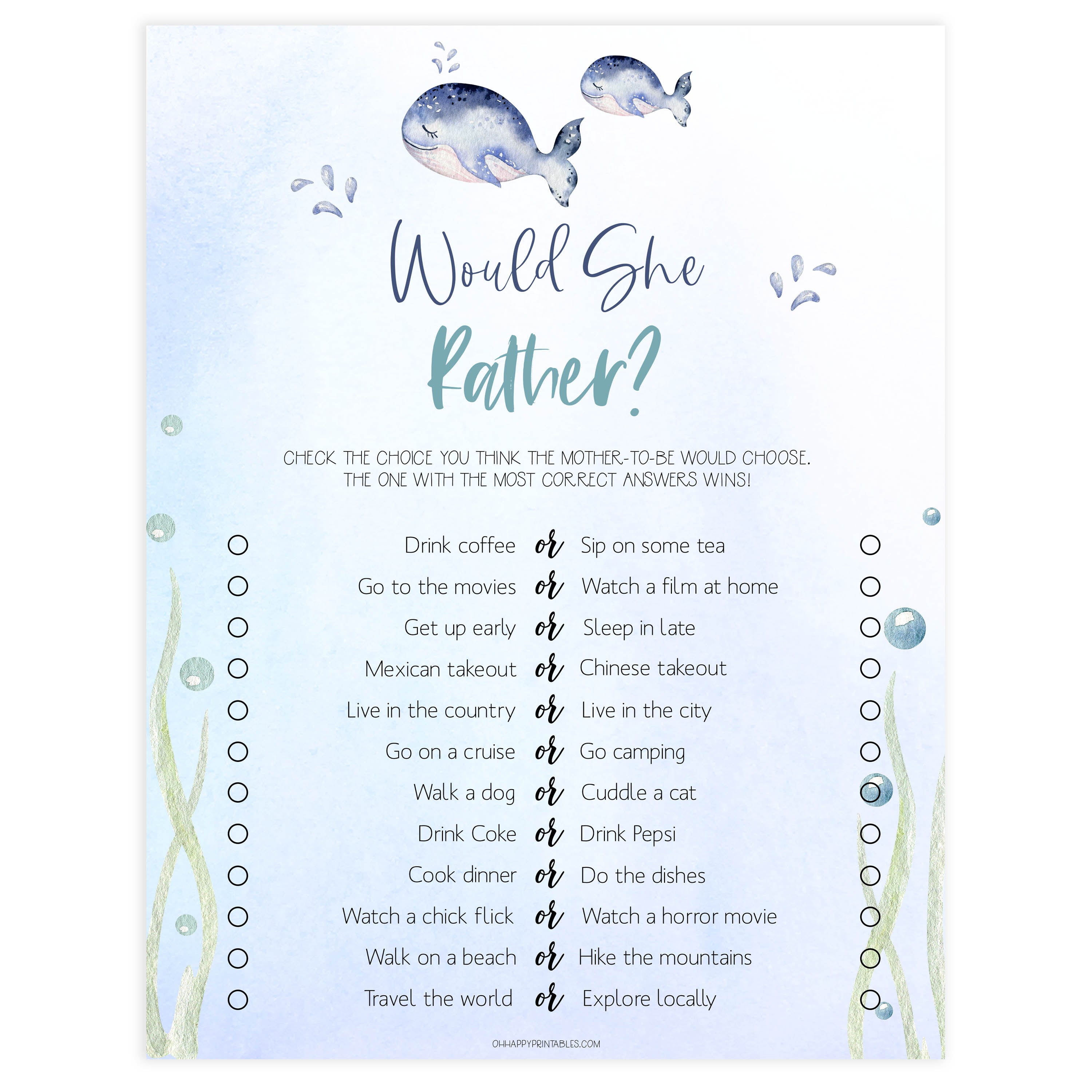 would she rather baby game, Printable baby shower games, whale baby games, baby shower games, fun baby shower ideas, top baby shower ideas, whale baby shower, baby shower games, fun whale baby shower ideas