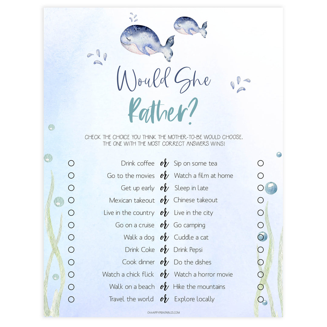 would she rather baby game, Printable baby shower games, whale baby games, baby shower games, fun baby shower ideas, top baby shower ideas, whale baby shower, baby shower games, fun whale baby shower ideas