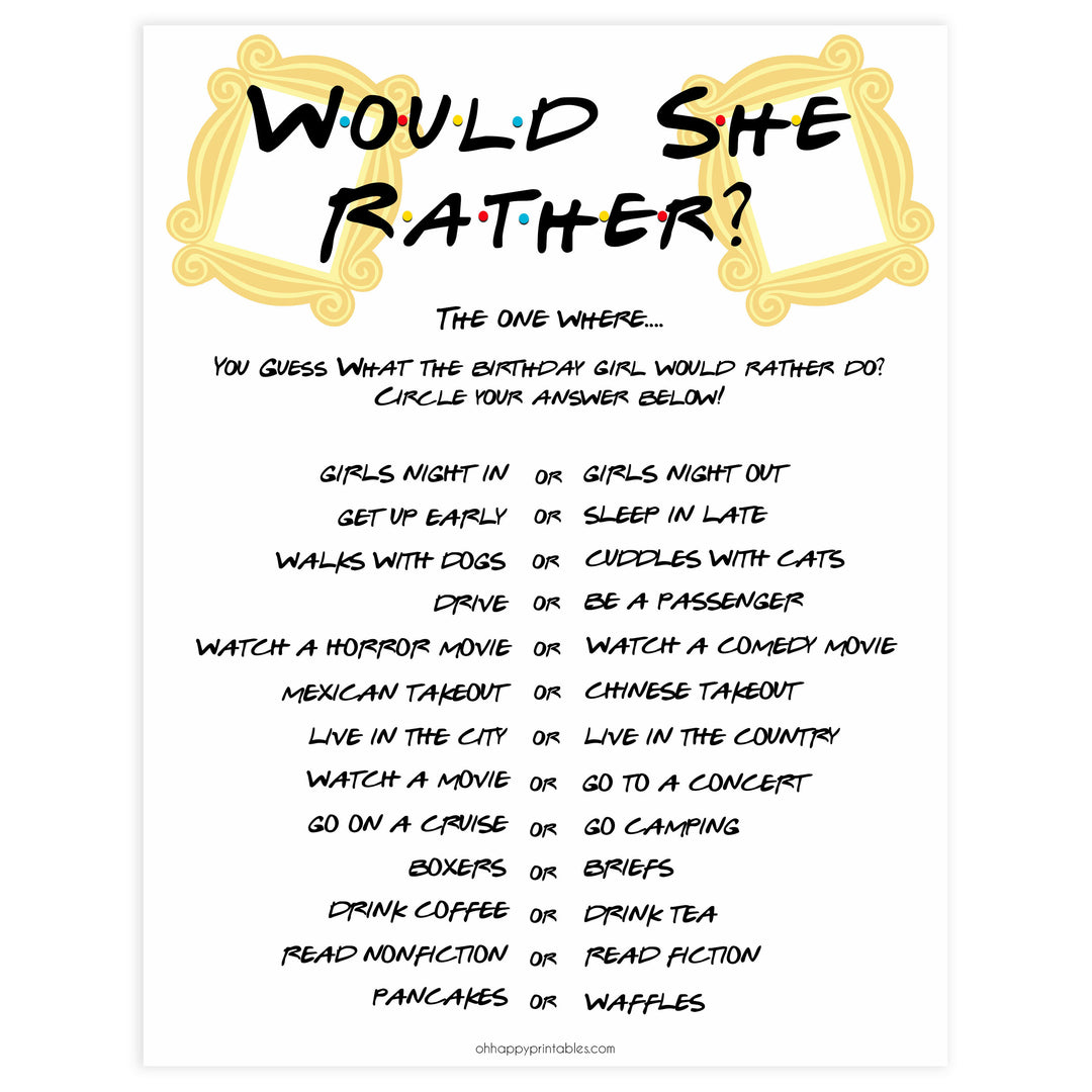 friends birthday games, would she rather birthday game, printable birthday games, friends theme birthday