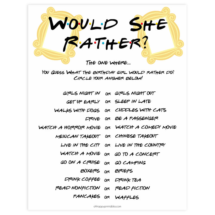 friends birthday games, would she rather birthday game, printable birthday games, friends theme birthday