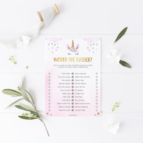would she rather baby game, Printable baby shower games, unicorn baby games, baby shower games, fun baby shower ideas, top baby shower ideas, unicorn baby shower, baby shower games, fun unicorn baby shower ideas