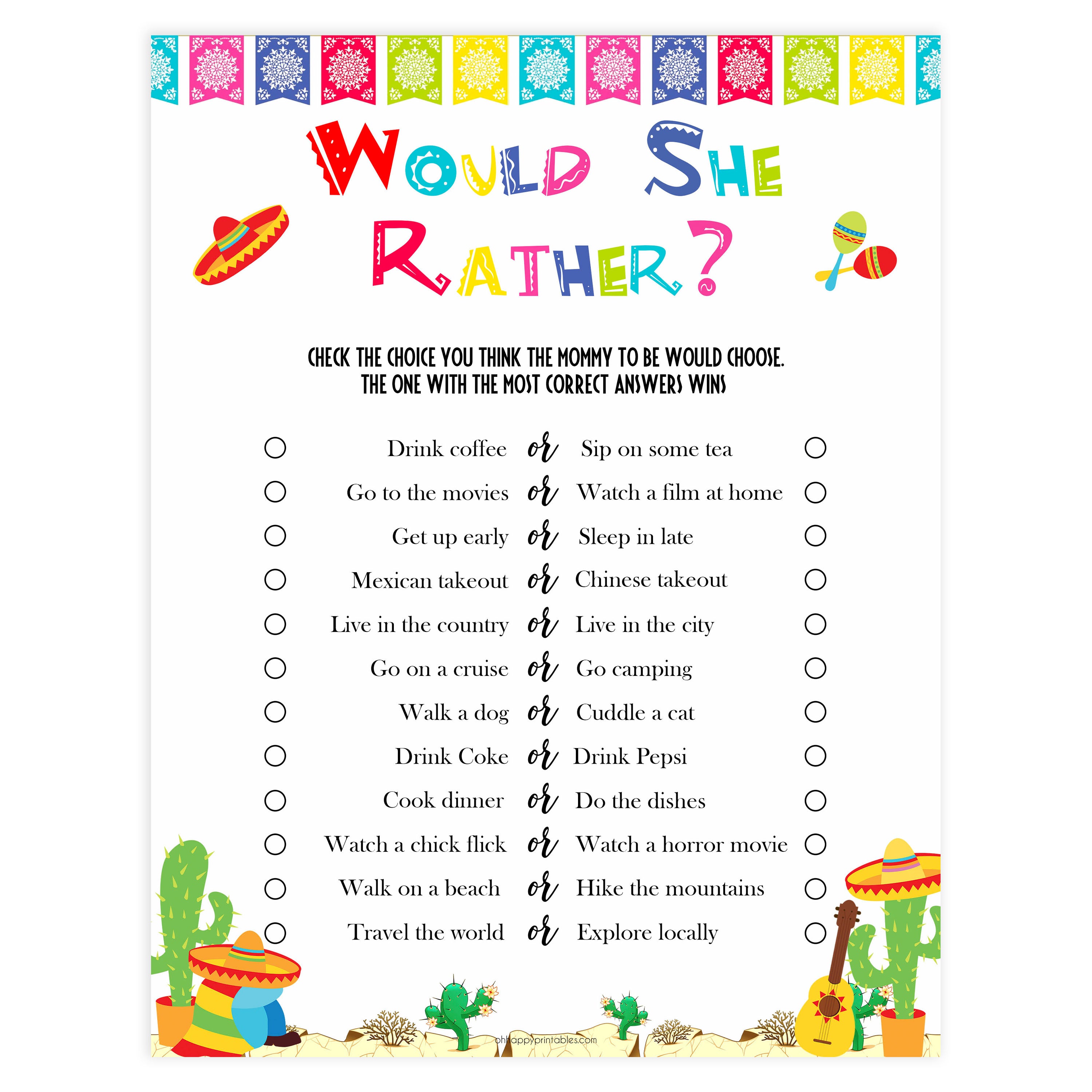 would she rather game, Printable baby shower games, Mexican fiesta fun baby games, baby shower games, fun baby shower ideas, top baby shower ideas, fiesta shower baby shower, fiesta baby shower ideas