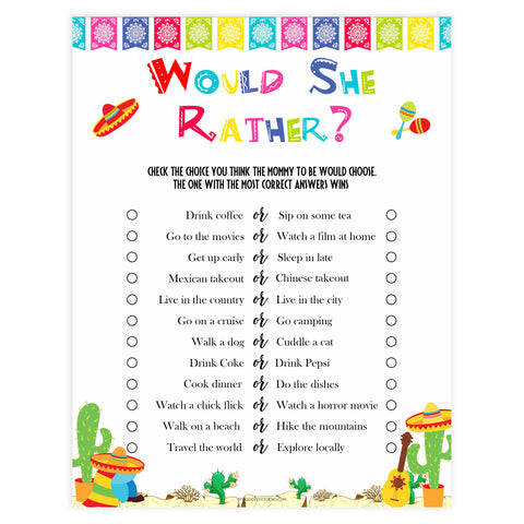 would she rather game, Printable baby shower games, Mexican fiesta fun baby games, baby shower games, fun baby shower ideas, top baby shower ideas, fiesta shower baby shower, fiesta baby shower ideas