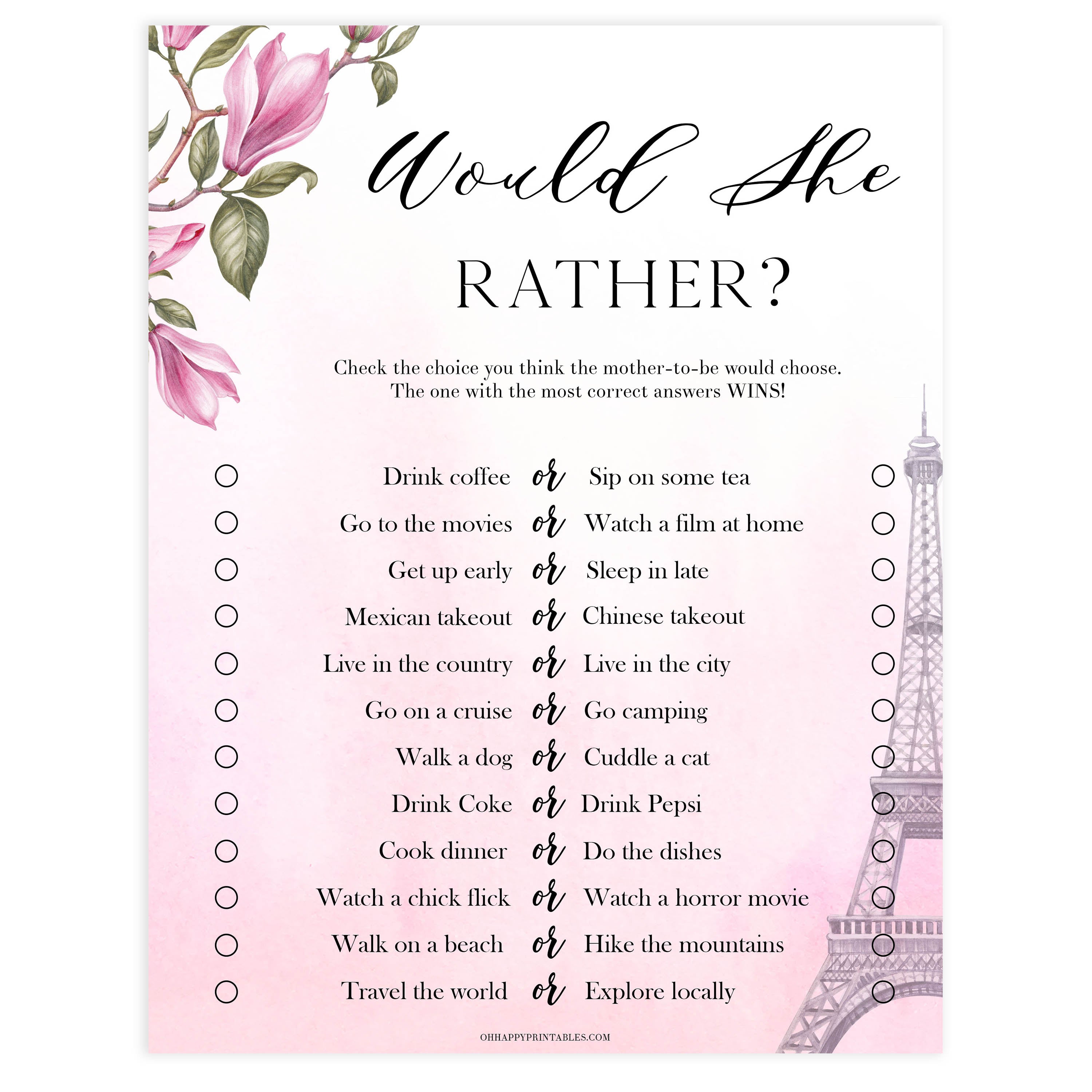would she rather baby game, Paris baby shower games, printable baby shower games, Parisian baby shower games, fun baby shower games