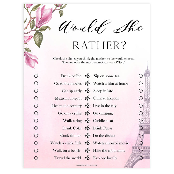 would she rather baby game, Paris baby shower games, printable baby shower games, Parisian baby shower games, fun baby shower games