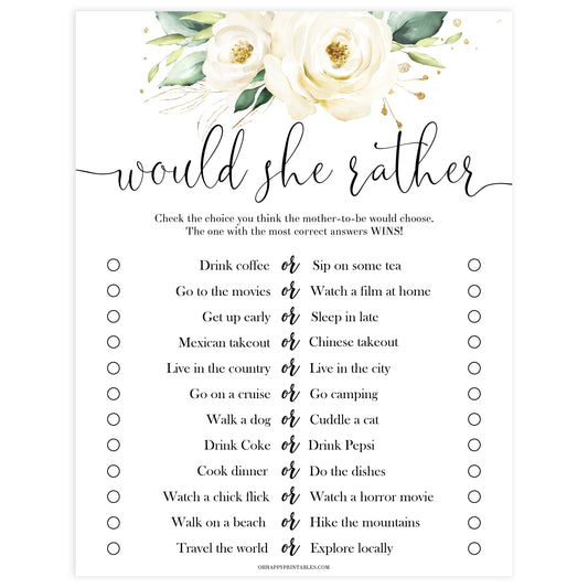 Editable would she rather game, Printable baby shower games, shite floral baby games, baby shower games, fun baby shower ideas, top baby shower ideas, floral baby shower, baby shower games, fun floral baby shower ideas