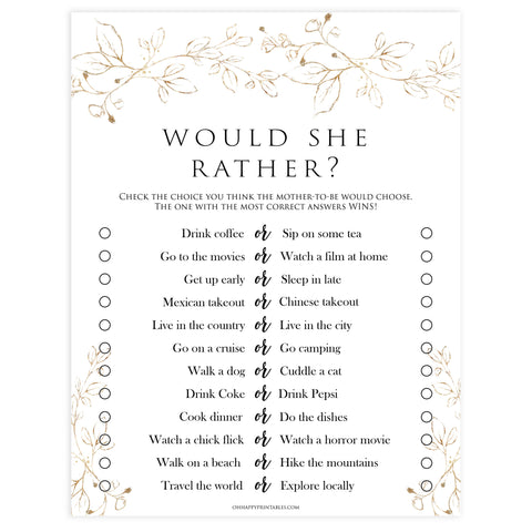would she rather baby game, Printable baby shower games, gold leaf baby games, baby shower games, fun baby shower ideas, top baby shower ideas, gold leaf baby shower, baby shower games, fun gold leaf baby shower ideas