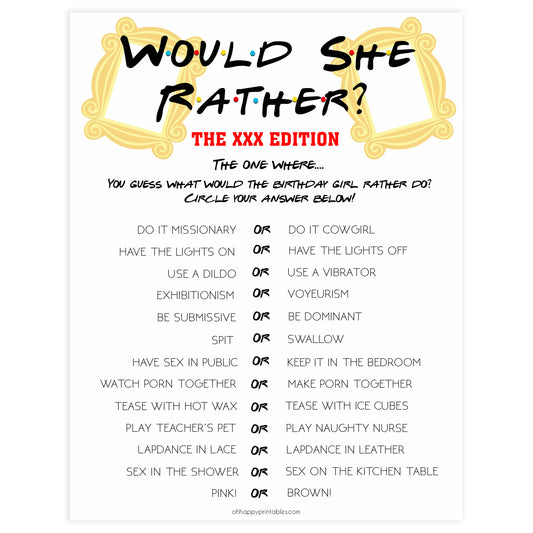 friends birthday games, friends would she rather, would she rather naught edition, would she rather birthday game, printable birthday games