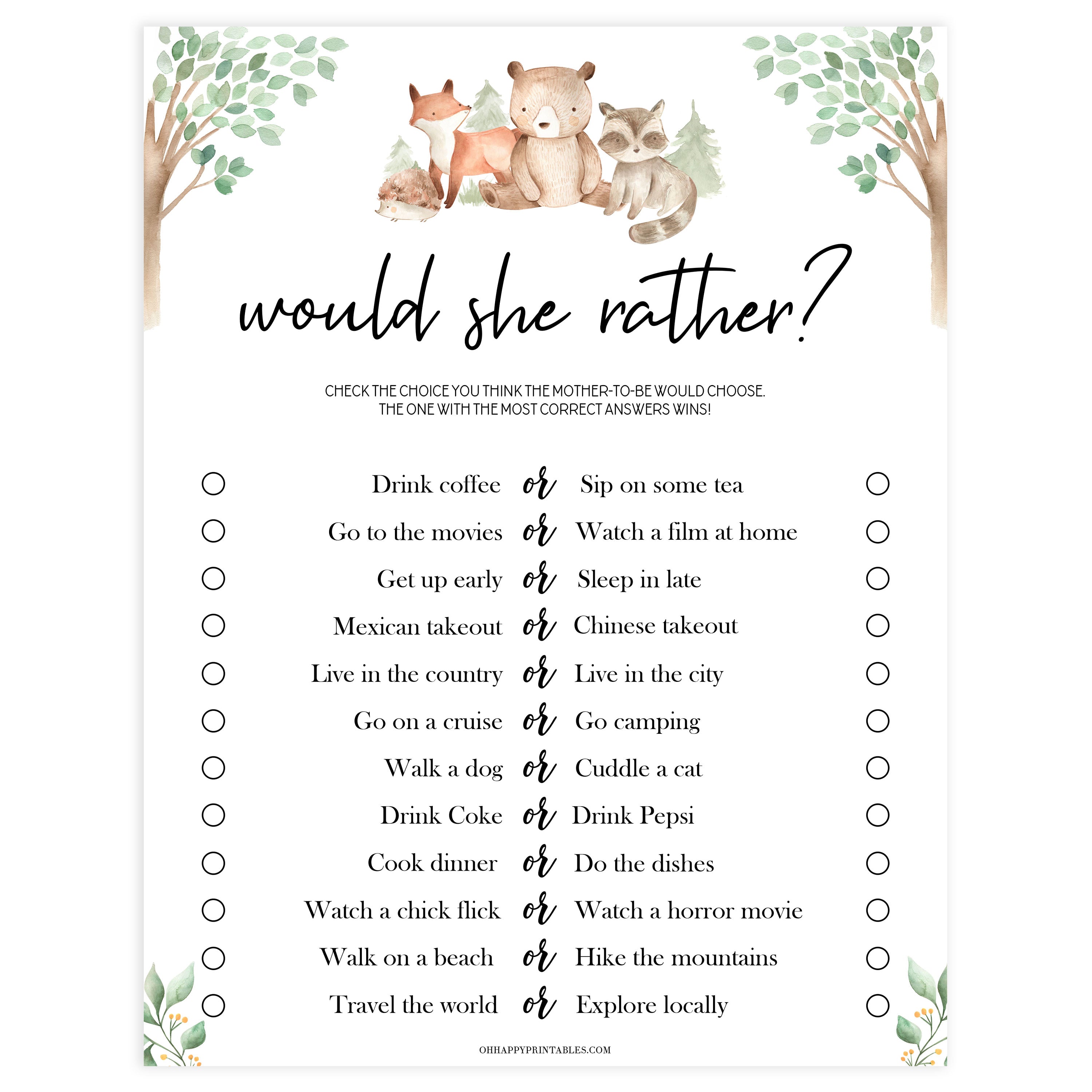 would she rather baby game, Printable baby shower games, woodland animals baby games, baby shower games, fun baby shower ideas, top baby shower ideas, woodland baby shower, baby shower games, fun woodland animals baby shower ideas