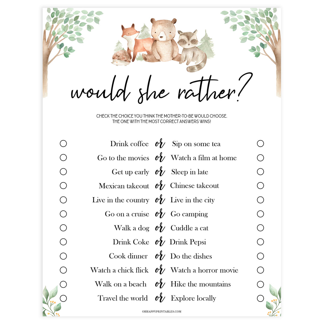 would she rather baby game, Printable baby shower games, woodland animals baby games, baby shower games, fun baby shower ideas, top baby shower ideas, woodland baby shower, baby shower games, fun woodland animals baby shower ideas