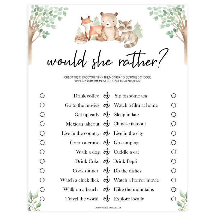 would she rather baby game, Printable baby shower games, woodland animals baby games, baby shower games, fun baby shower ideas, top baby shower ideas, woodland baby shower, baby shower games, fun woodland animals baby shower ideas