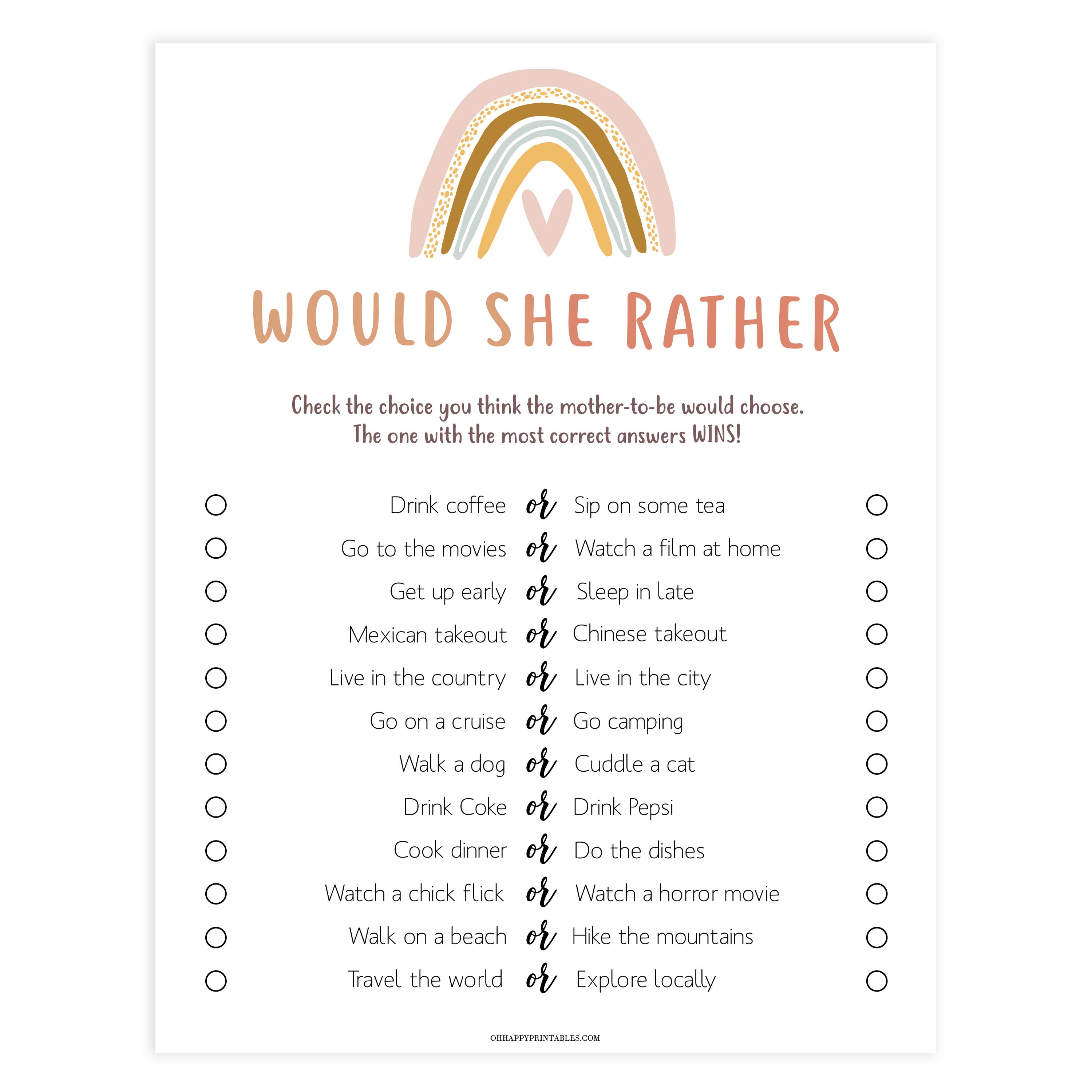 would she rather baby shower game, Printable baby shower games, boho rainbow baby games, baby shower games, fun baby shower ideas, top baby shower ideas, boho rainbow baby shower, baby shower games, fun boho rainbow baby shower ideas